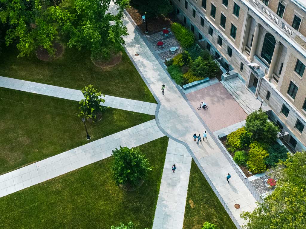 Aerial view of the Ag quad in front of Warren Hall.