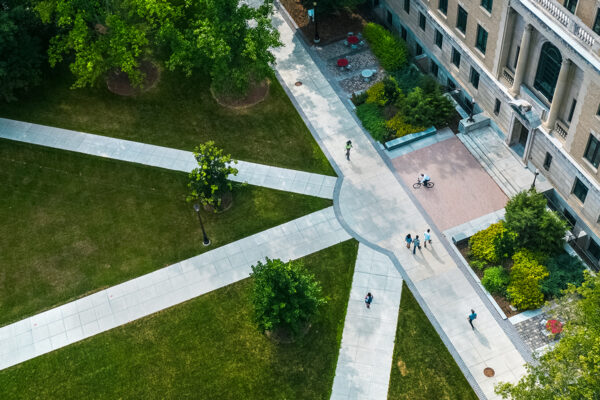 Aerial view of the Ag Quad and Warren Hall.