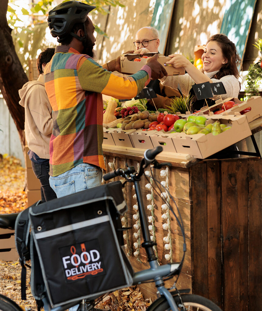 A bike delivery person picking up a box of produce from a stand.
