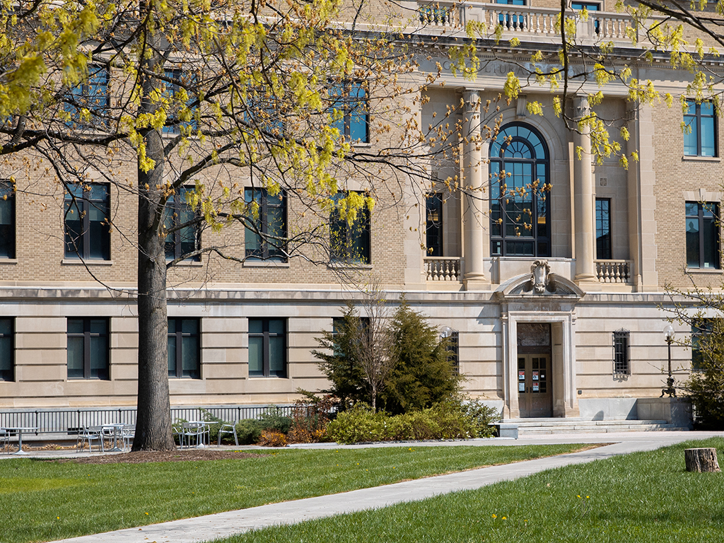 Facade of Warren Hall with a tree in the foreground.