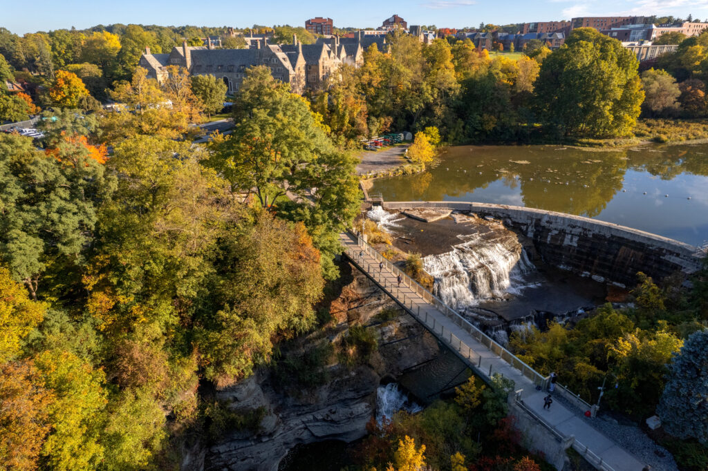 An aerial scene over Triphammer Falls.
